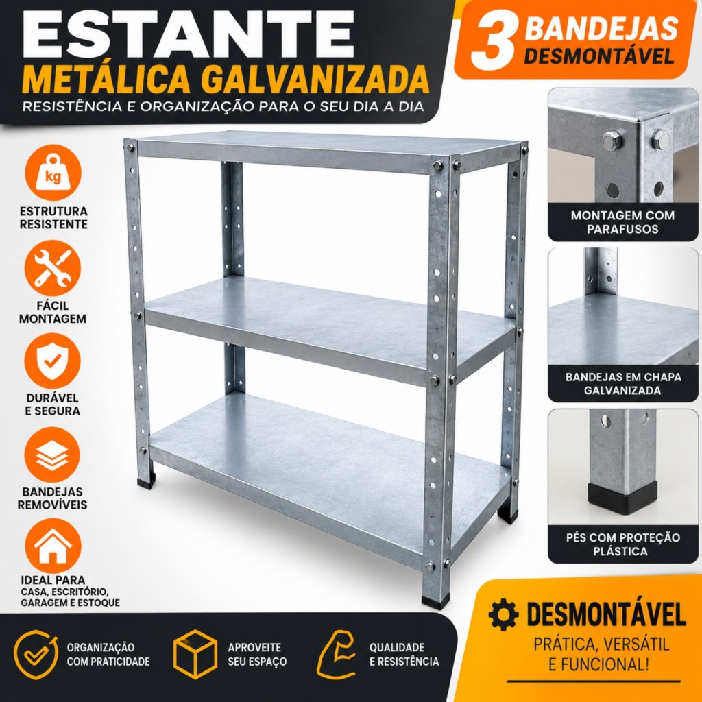 Estante Multiuso Galvenizada com 3 Prateleiras Organizadora Resistente para Cozinha  lavanderia capacidade 75 kg