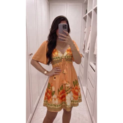 Vestido Floral Tropical Viscolinho Forrado com Amarração Verão