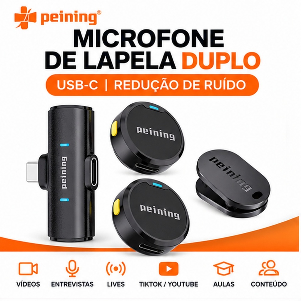 Microfone Lapela Sem Fio Duplo Peining MKF16-C USB-C Magnético Redução de Ruído