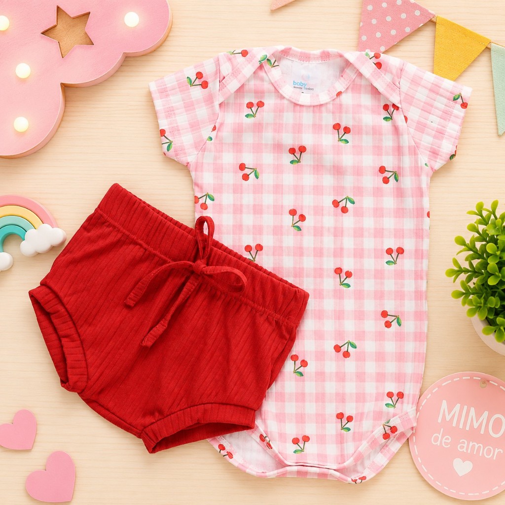 Conjunto Bebê Body + Tapa Fralda Canelado Estampado | Verão | P ao 2 Anos