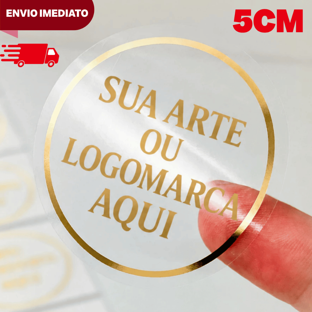 Adesivo personalizado 5cm redondo ou quadrado transparente sua arte ou logo aqui dourado prata preto