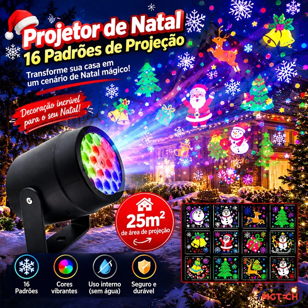 Projetor Natalino Led Laser 16 Desenhos 3D Giratório Luz Colorida Bivolt 110V 220V Festa Decorativo