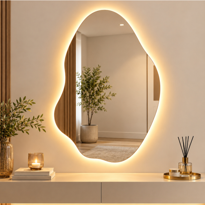 Espelho Orgânico LED 55x75cm Rubi Retrô Lapidado Decorativo de Parede Pinterest Hall Entrada