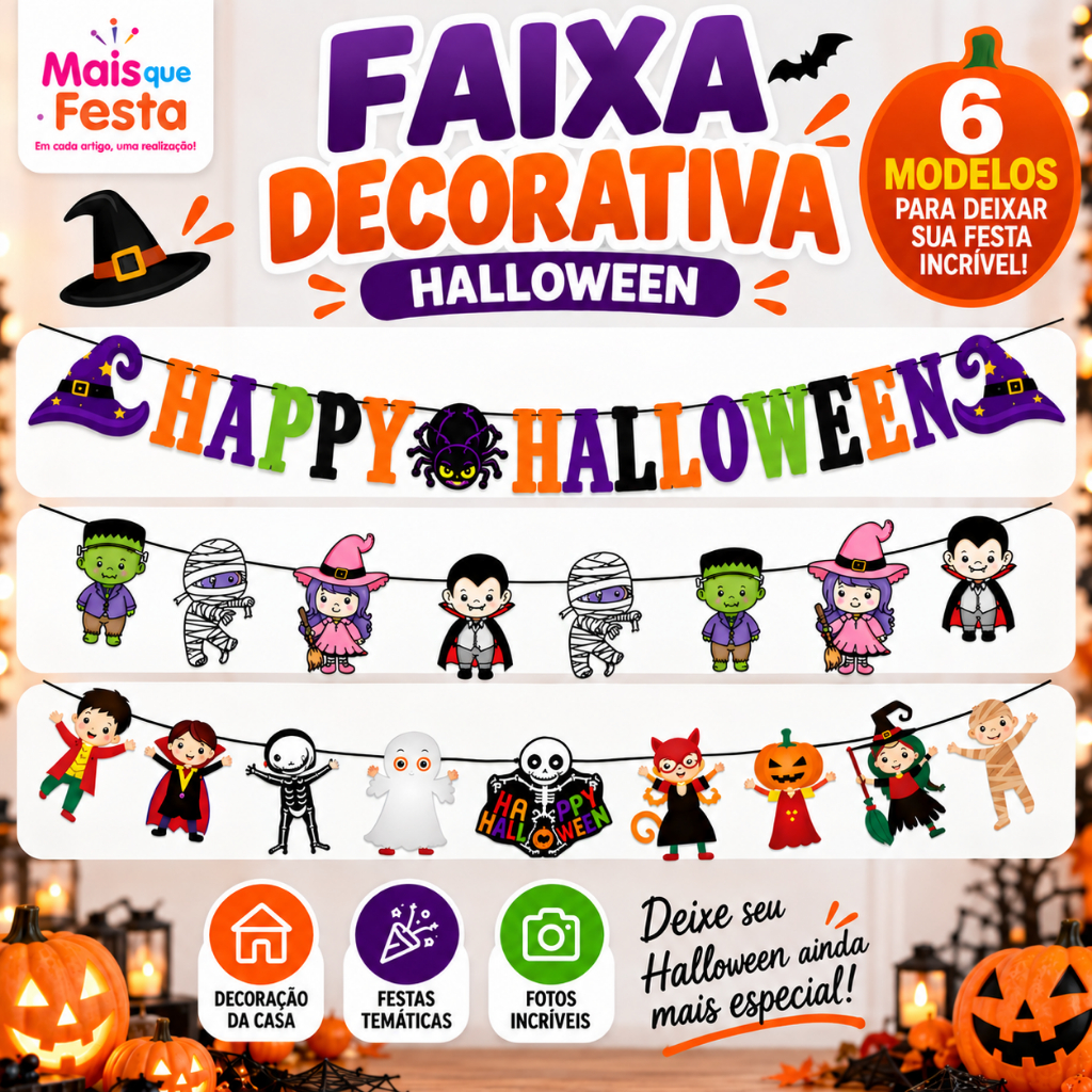 Varal Halloween Faixa Decorativa Festa Monstrinhos Fantasmas Frases Decoração Dia das Bruxas Escolha o Modelo