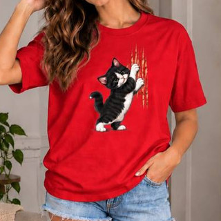 T-Shirt Feminina - Camiseta Feminina Manga Curta GATINHO Travesso 100% Algodão Fofo e Divertido