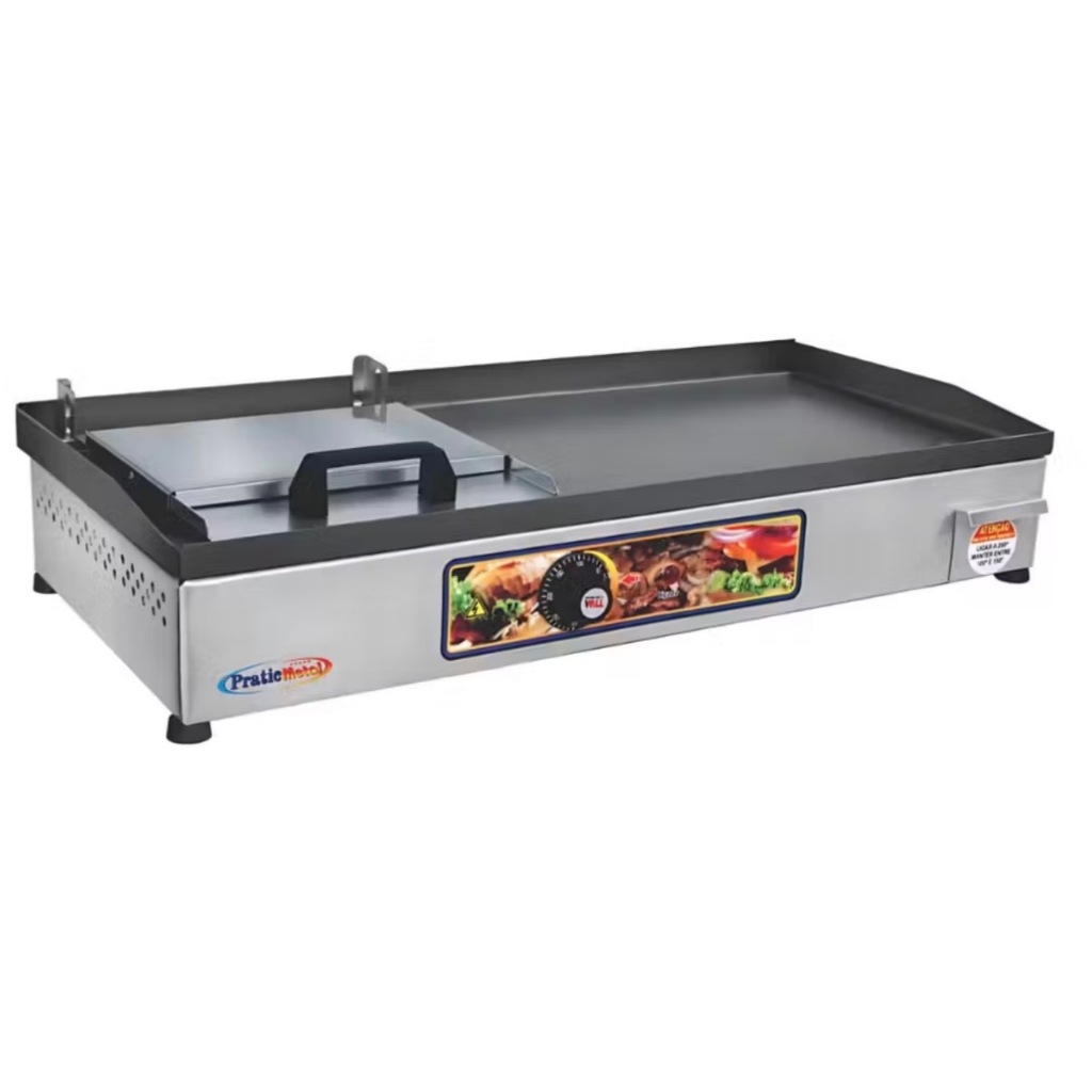 Chapa Chapeira Sanduicheira de Lanches Hambúrguer e Porções Elétrica 70X30 Premium C/ ABAFADOR PRENSA