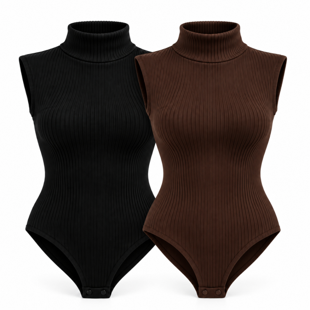 Kit 2 Body Feminino Gola Alta Manga Longa Anarruga Canelado com Elastano