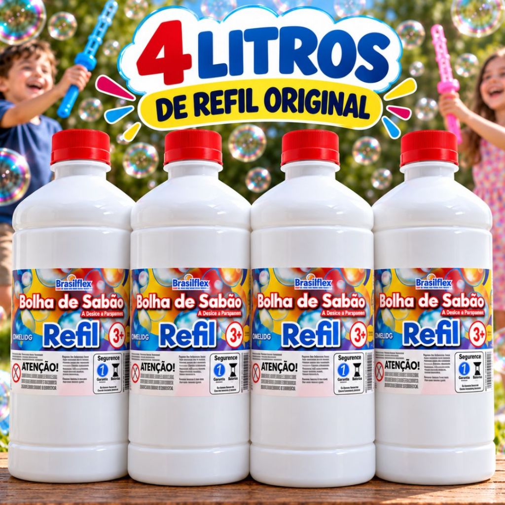 Kit 4 Litros Refil Bolha De Sabão Liquido Bubble  Máquina  de Bolhas Brinquedo Bolinha de Sabão  Atóxica e Perfumada