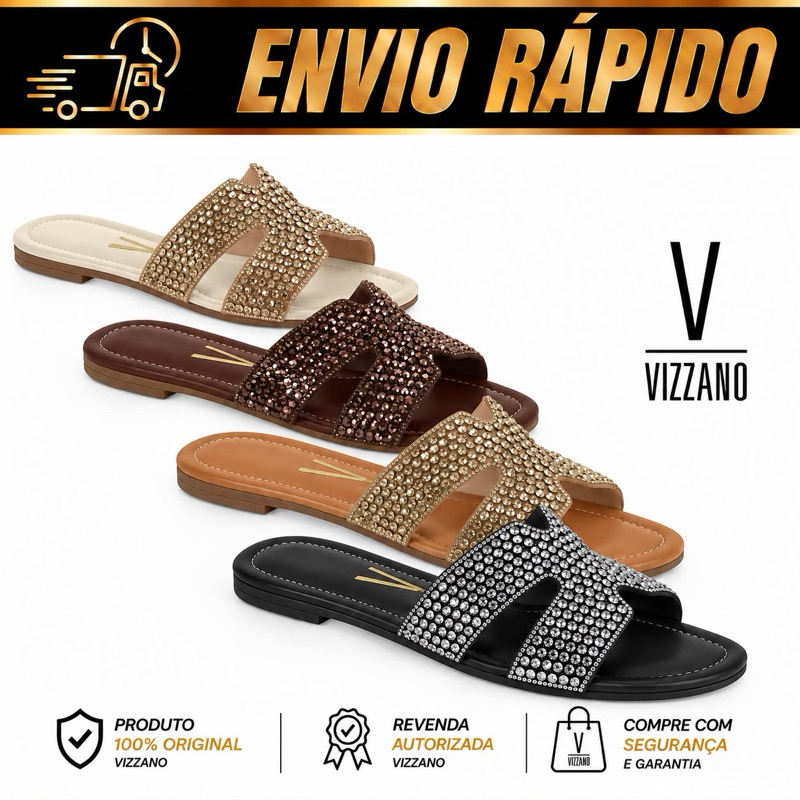 Rasteira Sandalia Vizzano Feminina com Strass Pedrarias Brilhantes Elegante Confortável
