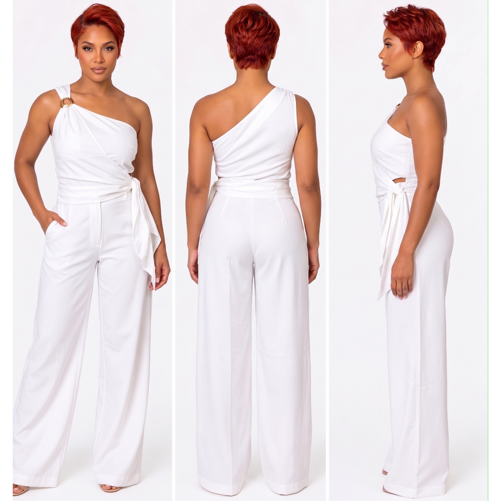 Conjunto Feminino Elegante Marrant Calça Pantalona Blusa Assimétrica Cintura Alta Aviamento Dourado Festa Evento