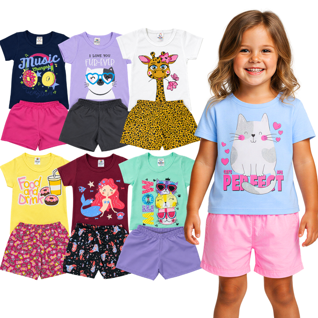 Kit 6 Peças Verão Sortidas Roupa Infantil Menina Estampado Camiseta + Shorts Feminino 3 Conjuntos