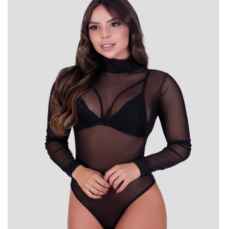 Body Blusinha Feminino Tule Preto Manga Gola Alta Moda Blogueiras Transparente