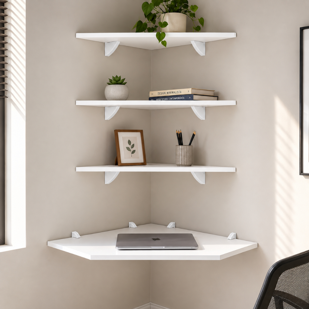Kit Mesa Escrivaninha Suspensa de Canto + 3 Prateleiras Branca Home Office Quarto Escritório