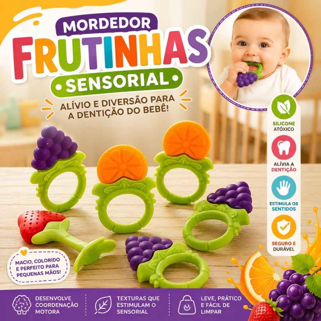  Brinquedo Frutinhas Sensorial Mordedor Bebes Fruta Silicone Dentição Gengiva Mastigar