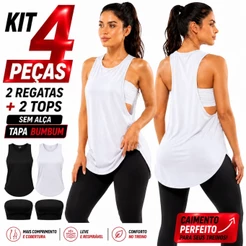 Kit 4 Peças 2 Regatas Fitness Tapa Bumbum + 2 Tops Faixa Sem Alça Feminino Treino Academia