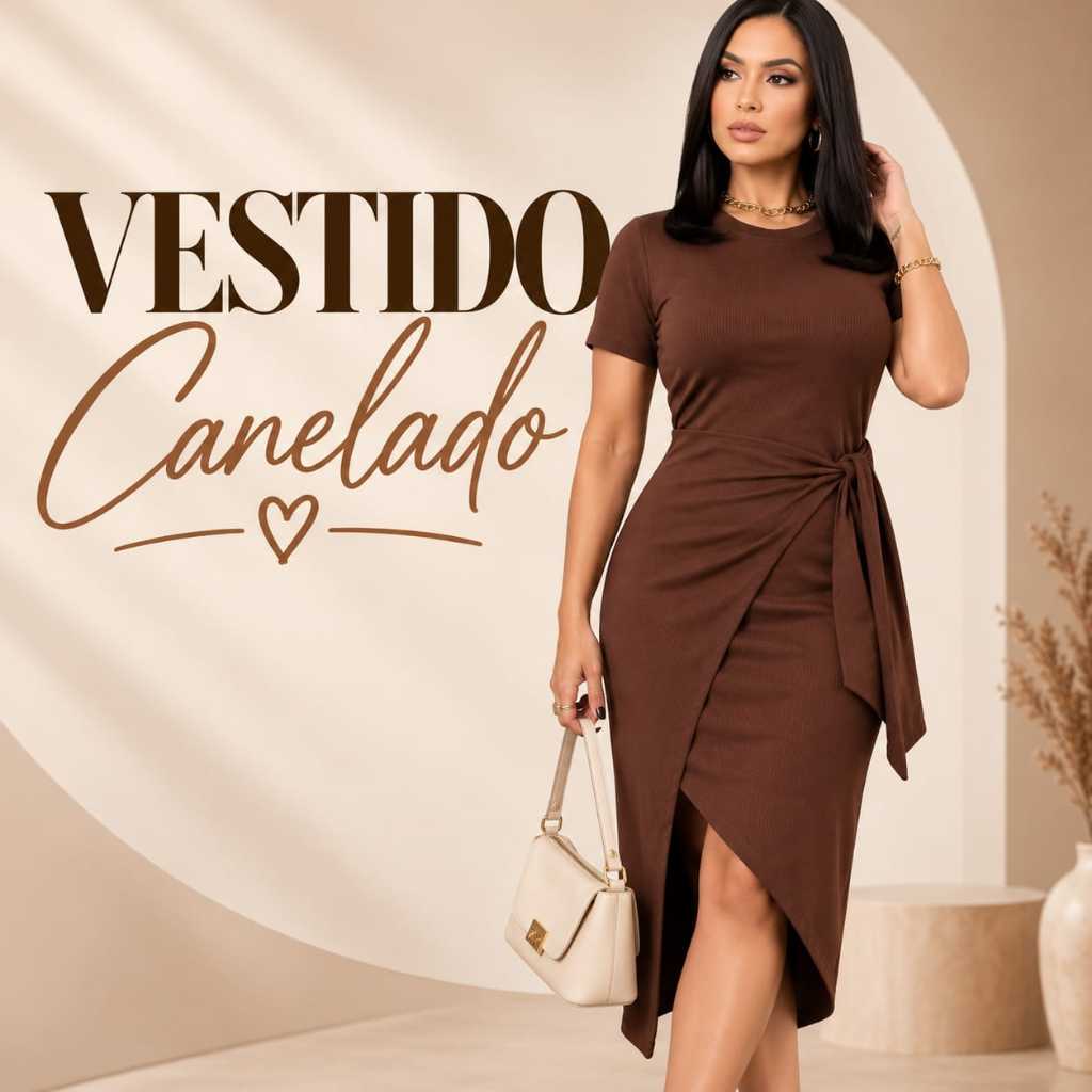 Vestido Feminino Canelado Marrom Midi Elegante Casual Confortável Modelagem Moderna Qualidade Conforto Durabilidade
