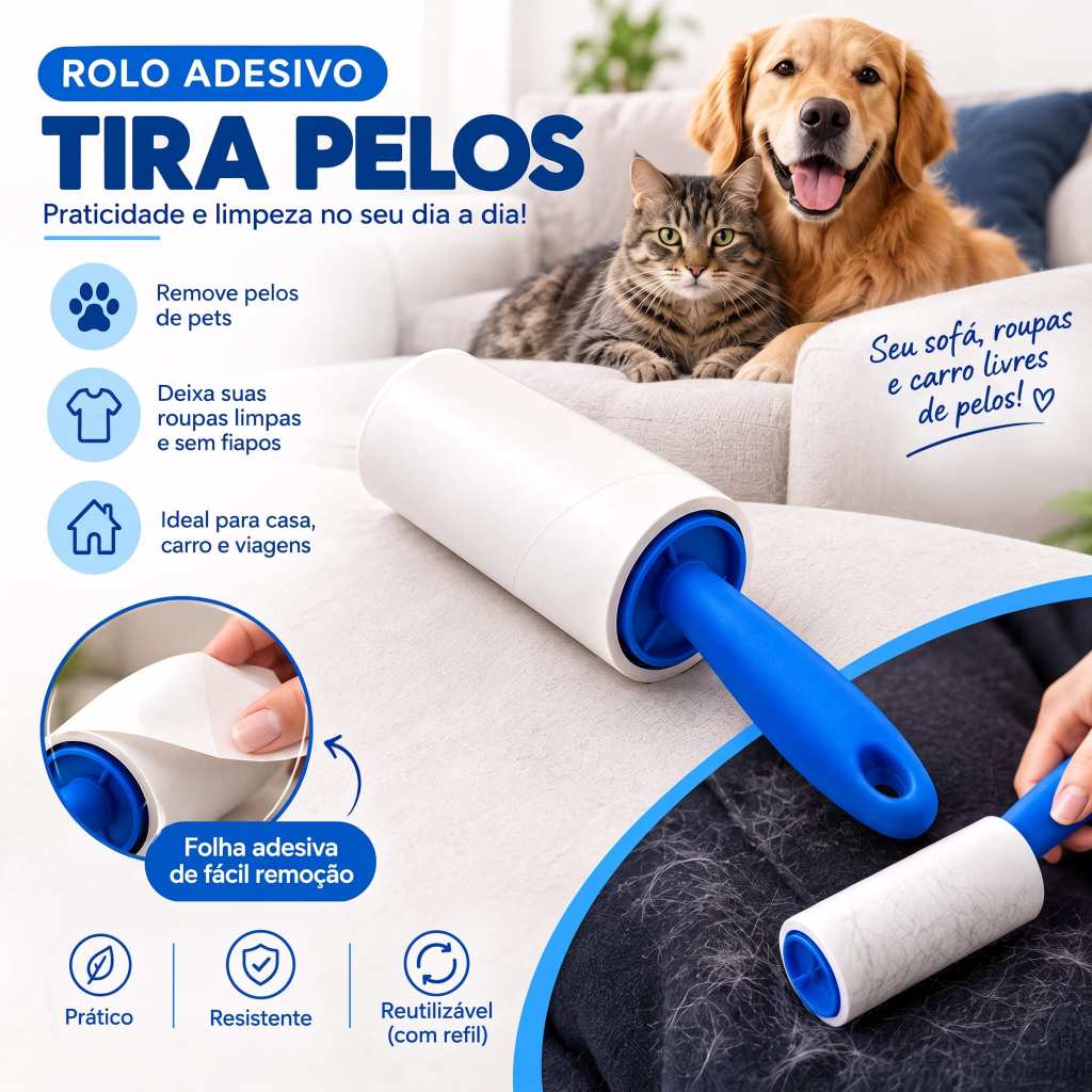 Kit Rolo Adesivo Removedor Tira Pelos Pet Roupas E Sofá Prático 20 Folhas