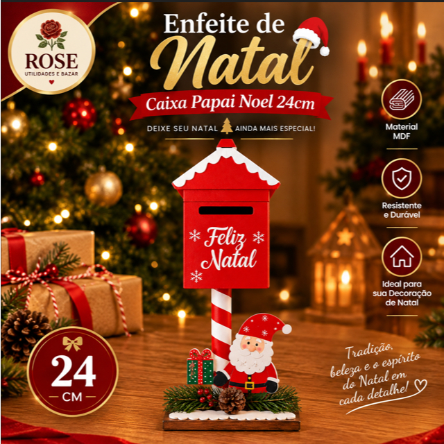 Enfeite Natal Papai Noel Caixa de Correio MDF 24cm Decoração de Mesa