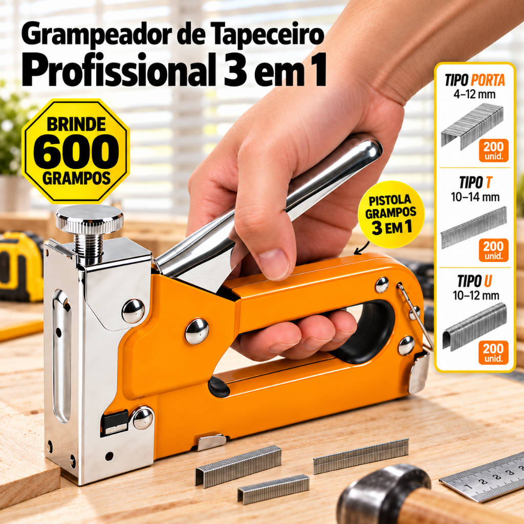 Kit Grampeador De Tapeceiro Manual 3 Em 1 Profissional Aço Reforçado Com 600 Grampos Madeira Estofado Sofá