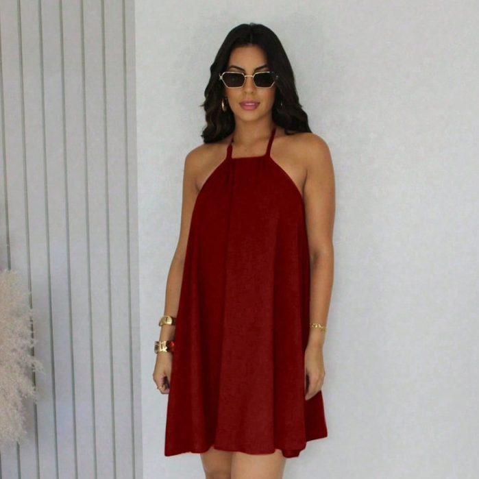 Vestido Curto Frente Única Soltinho com Decote nas Costas