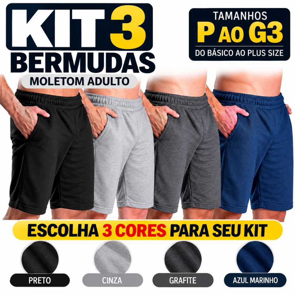 3 Bermudas Moletom Masculina  do P ao G3 Adulto Plus Size Academia Casual Dia a Dia Com Cordão de Ajuste e Bolso