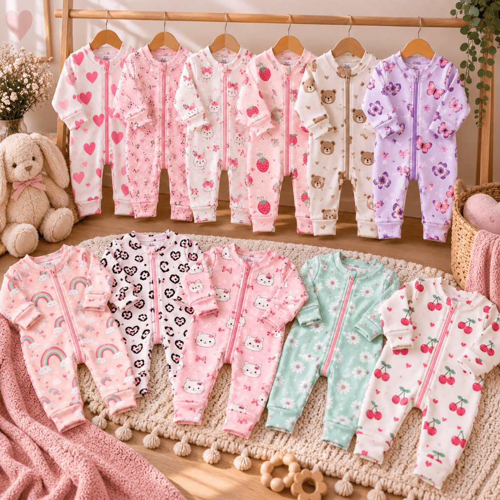 Kit 3 Macacão Bebê Estampado Ziper Menina Algodão Vira Pé Inverno Verao Infantil Macio Macacões