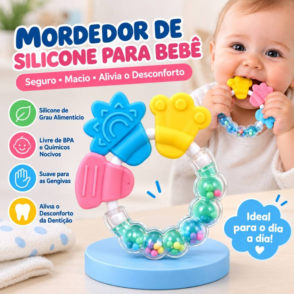 Mordedor de Silicone para Bebê 9cm com Chocalho Sensorial BPA Free para Dentição Infantil