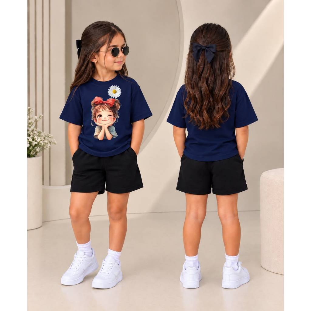 Conjunto Infantil Feminino Casual | Camiseta Básica e Short Moletom para Menina Estampa Menina Laço Delicada