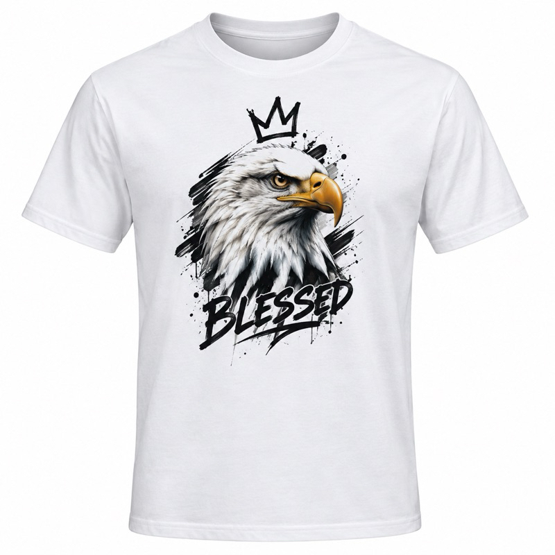 Camiseta Masculina Branca Blessed Águia Estampada 100% Algodão Manga Curta