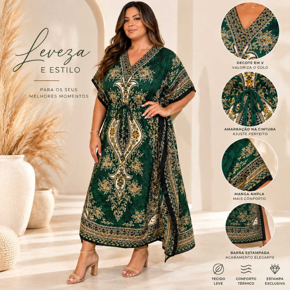 Vestido Indiano Kaftan Longo Estampado Boho Chic