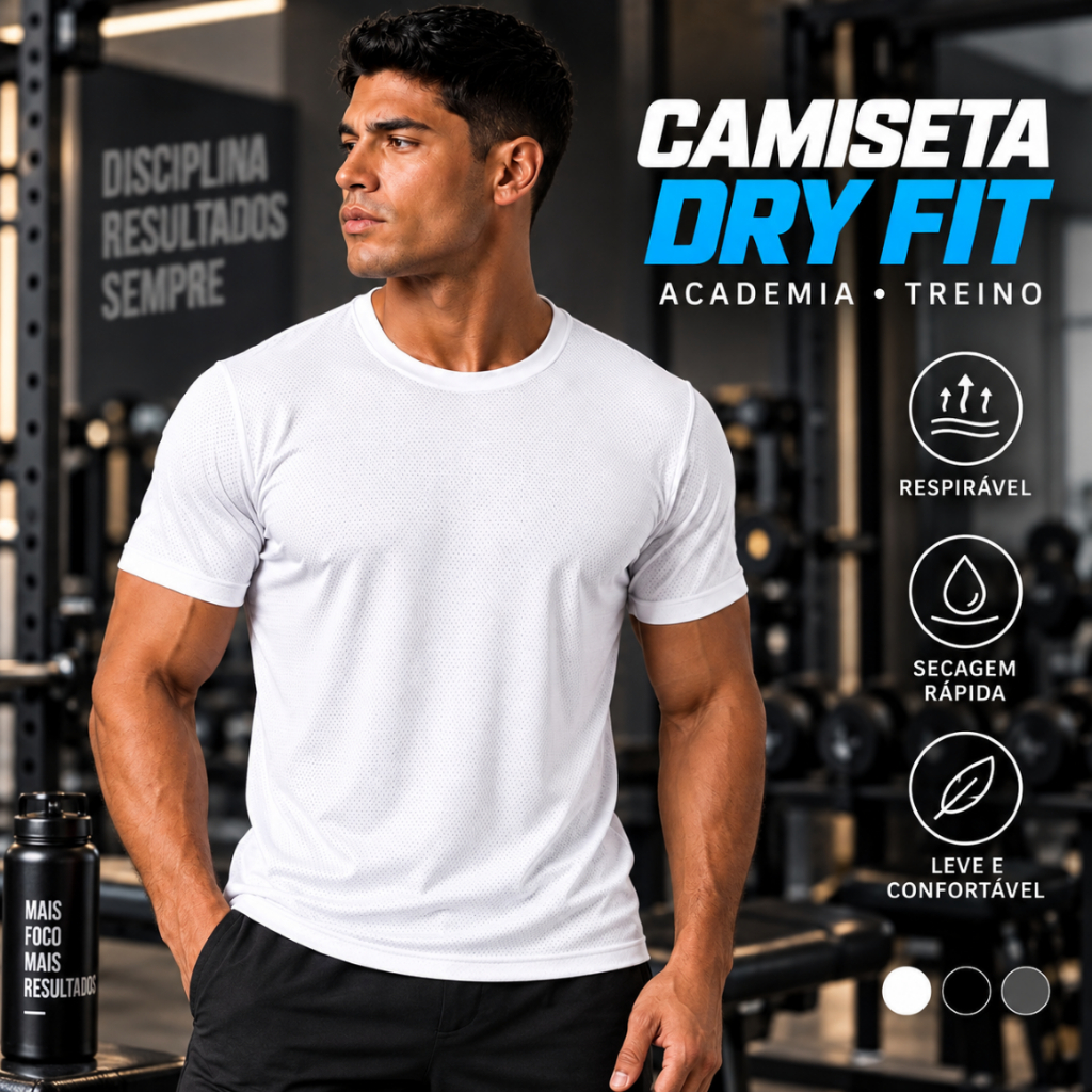 Camiseta Dry Fit Masculina Poliamida Elastano Academia Treino Corrida Respirável Secagem Rápida Manga Curta