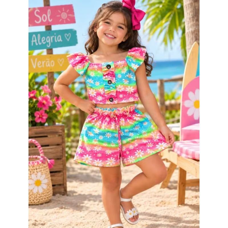 Conjunto infantil menina verão fresquinho confortável Moda infantil estilosa short e blusa
