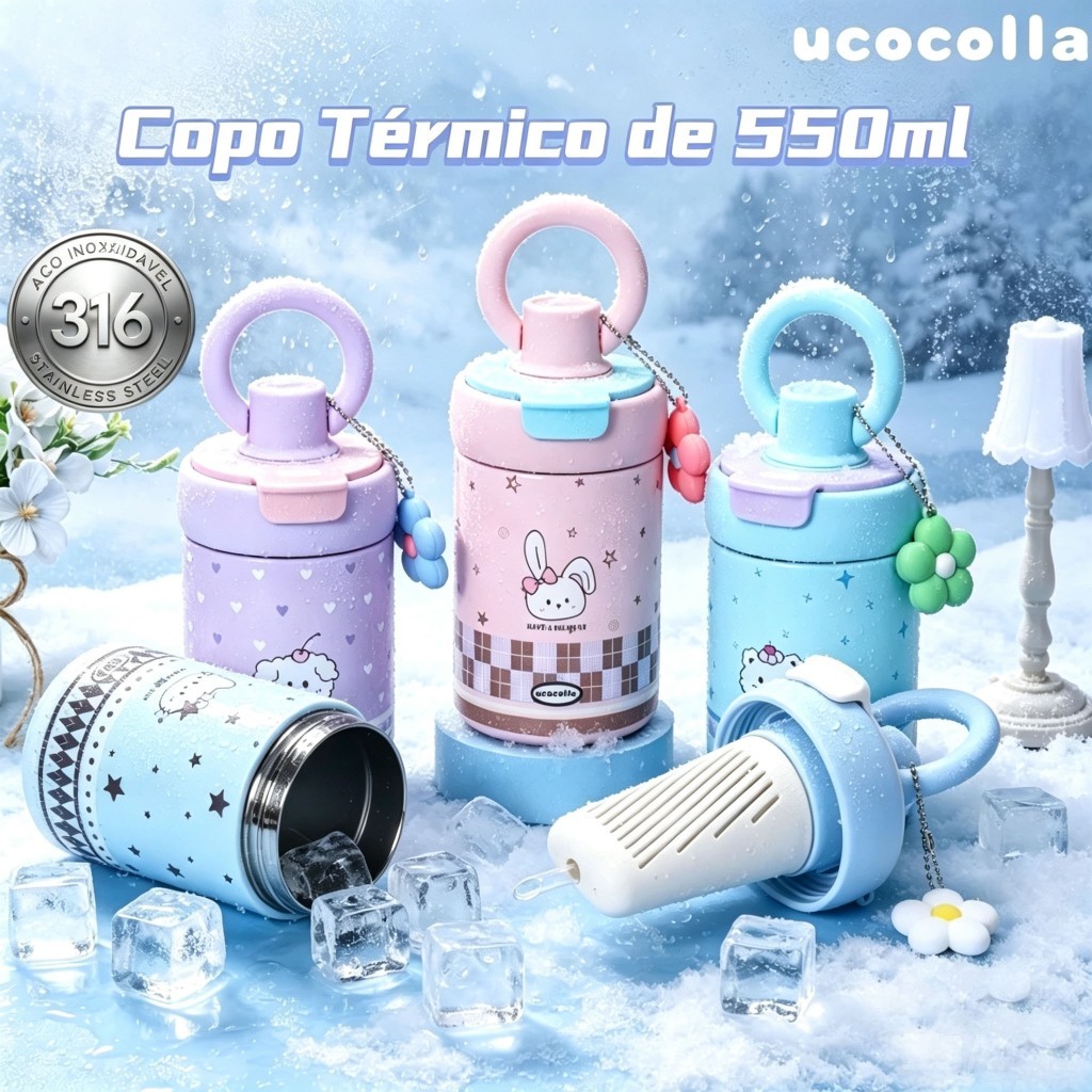 UCOCOLLA Garrafa Térmica Com Canudo Alça Aço Inox Infantil Filtro de Chá 550ml Quente/Fria Para Escolar/Escola