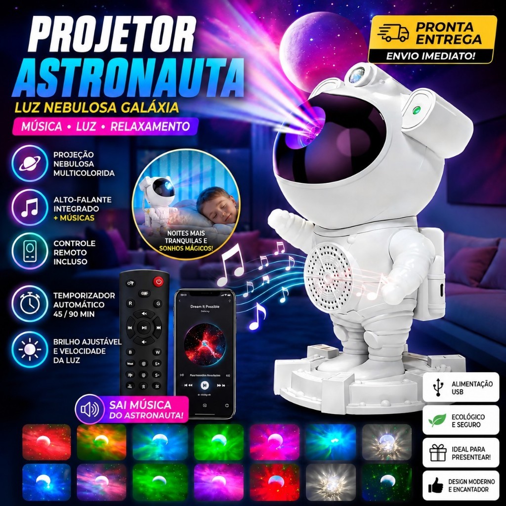 Projetor Luminaria Astronauta da Galáxia com Bluetooth, Alto-Falante, Controle Remoto, Timer e Luz Colorida P/ Quarto