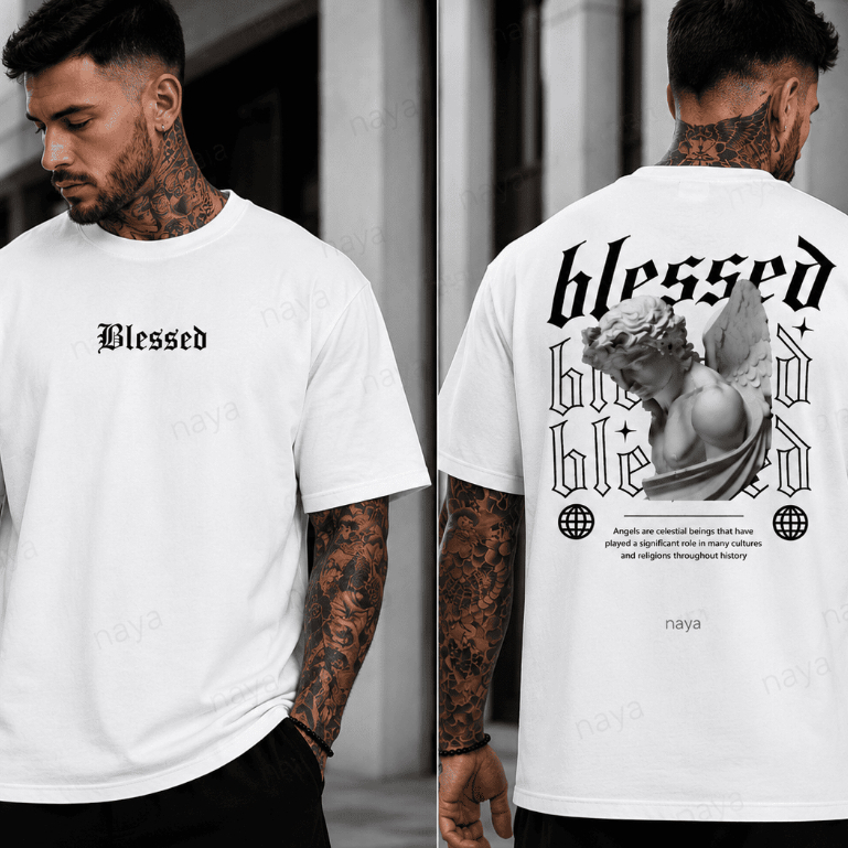 Camiseta Oversized Unissex Blessed Anjo Estátua Streetwear 100% Algodão Frente e Costas