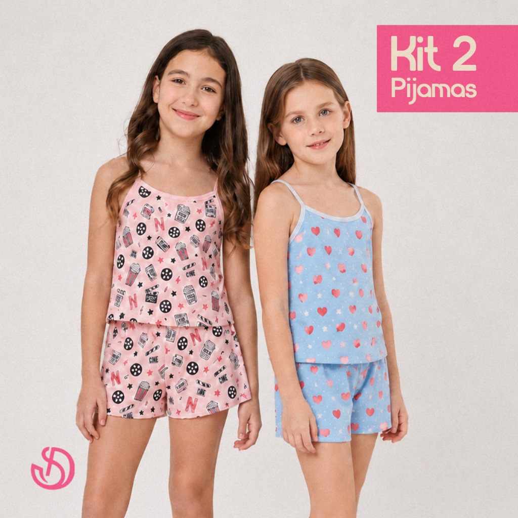 Kit 2 Pijamas Baby Doll Infantil Feminino Menina Regata Short Estampado Confortável