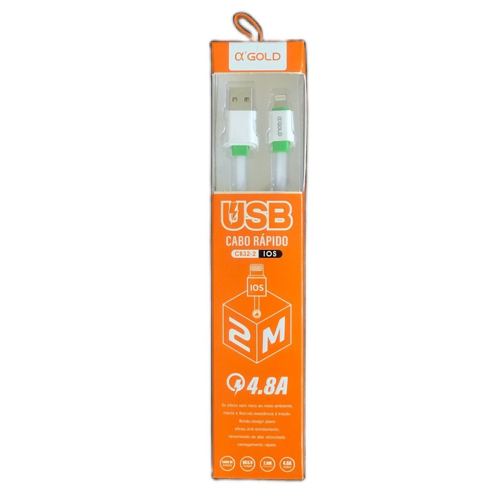 Cabo Carregador Turbo 2M Para IOS / Celular Reforç Cor Branco A'Gold (CB32-2)
