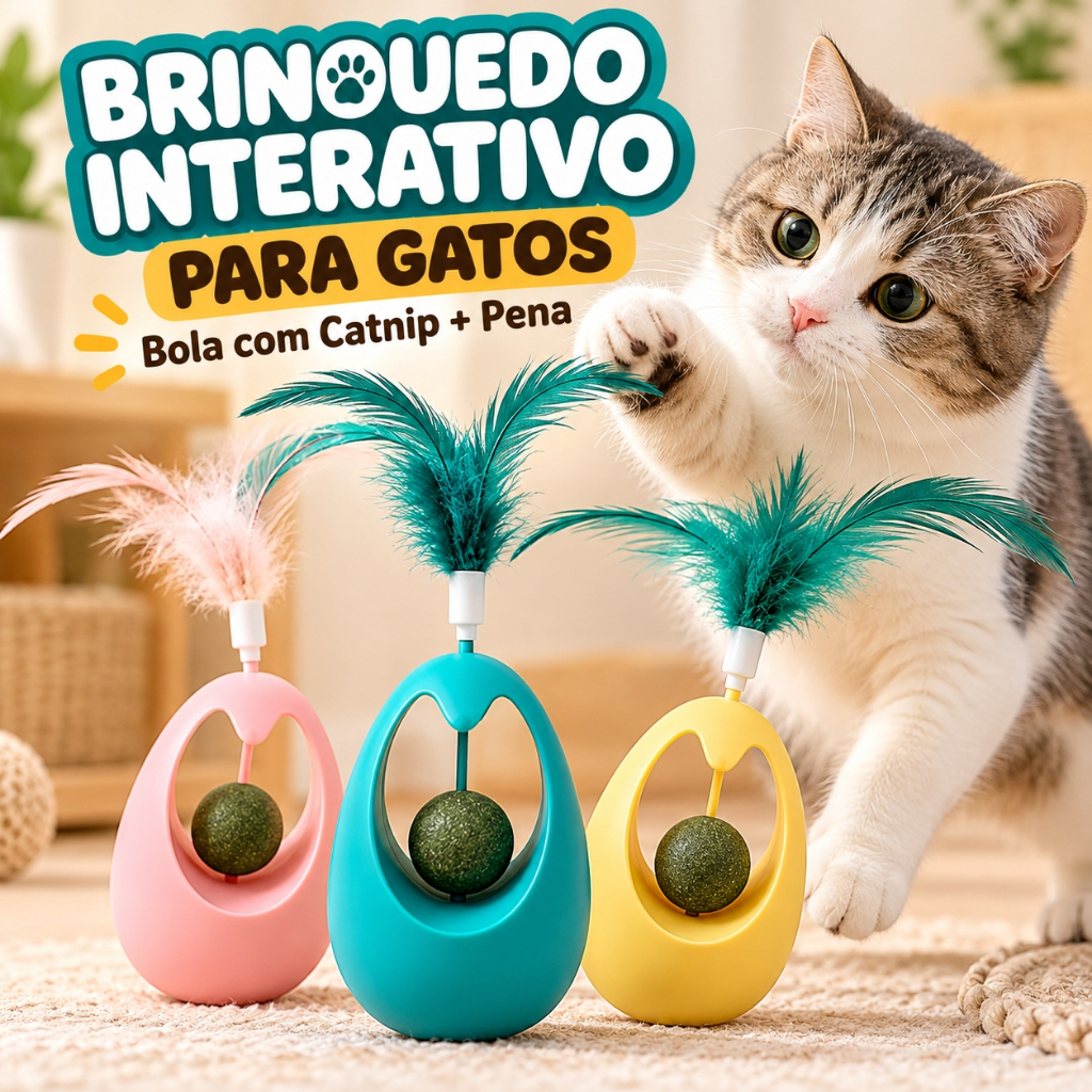 Brinquedo Interativo para Gatos João Bobo com Bola Catnip e Pena para Gato