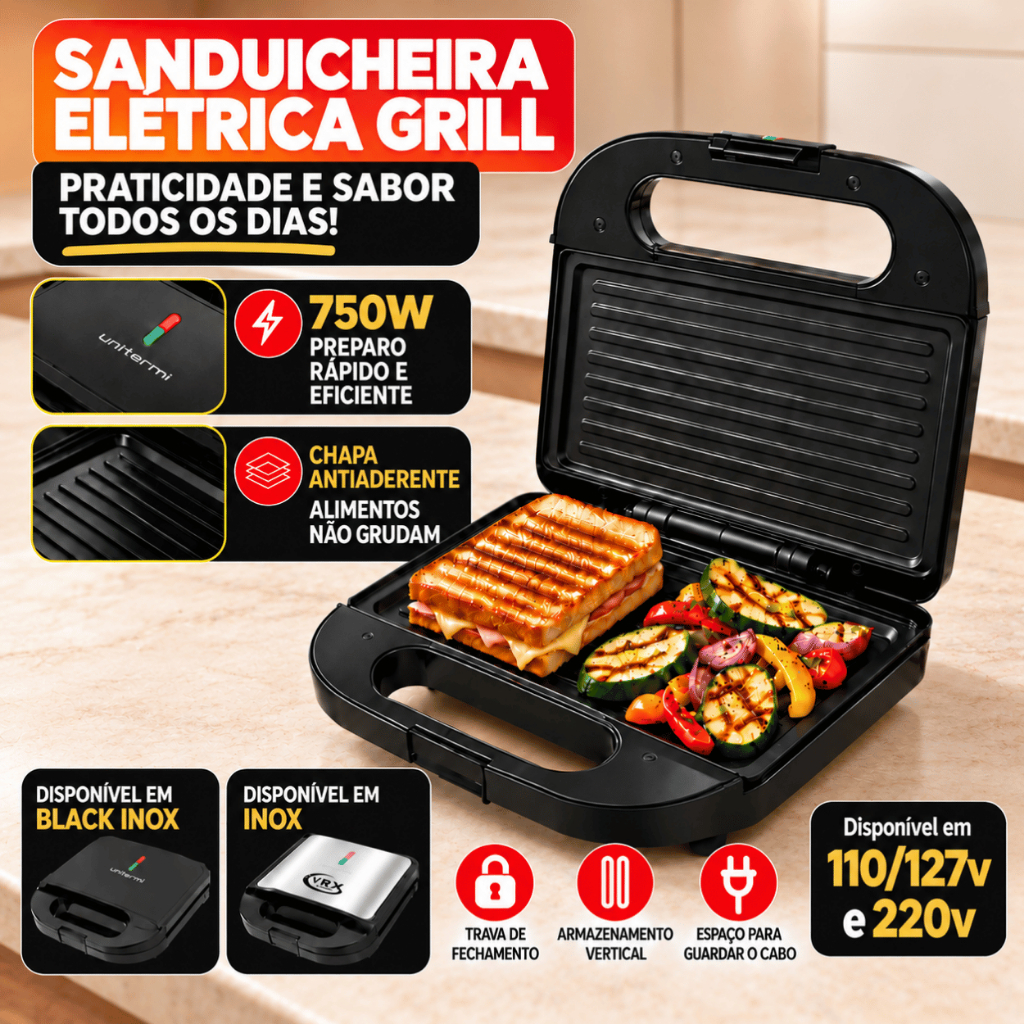 Sanduicheira Elétrica Luxe Grill Inox Antiaderente 750w 2 Em 1 Termostato Automático Compacta Chapa