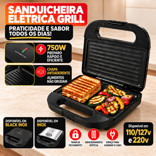 Sanduicheira Elétrica Luxe Grill Inox Antiaderente 750w 2 Em 1 Termostato Automático Compacta Chapa