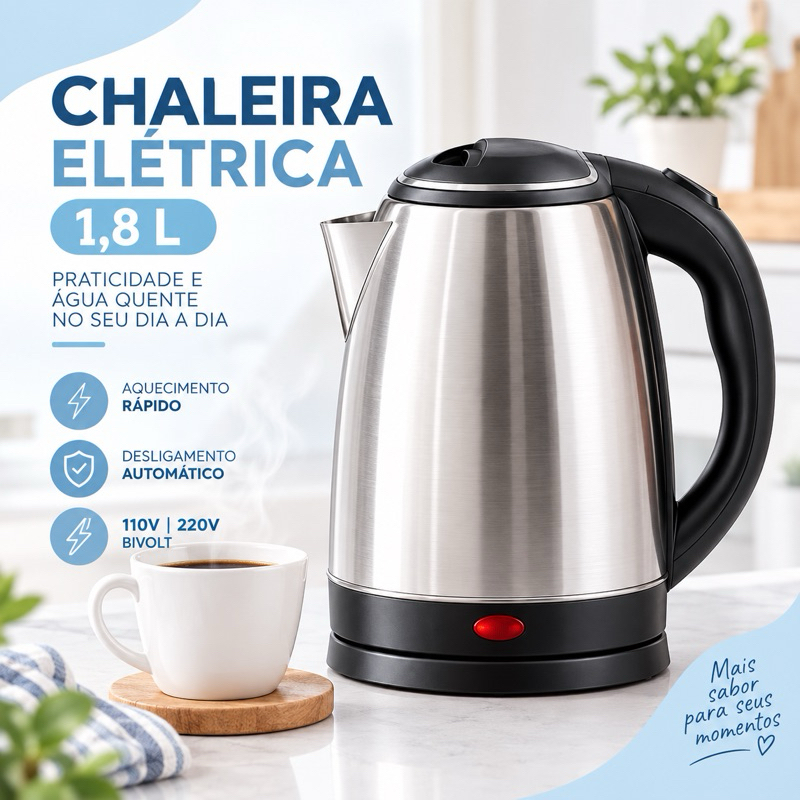 Chaleira Elétrica 1,8L Inox 110V 220V Desligamento Automático Aquecimento Rápido