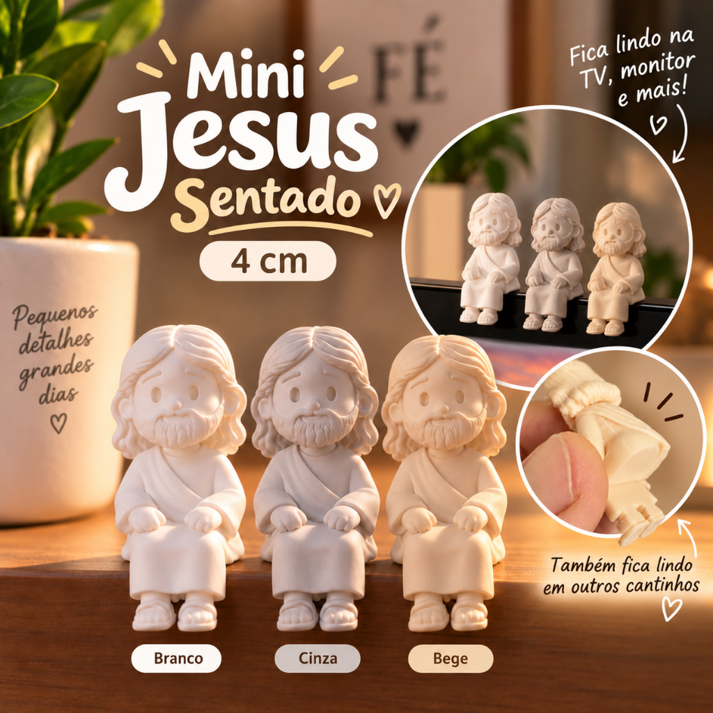 Mini Jesus Sentado Decorativo 4cm para Monitor Mesa Prateleira Nicho Carro Presente Enfeite Religioso