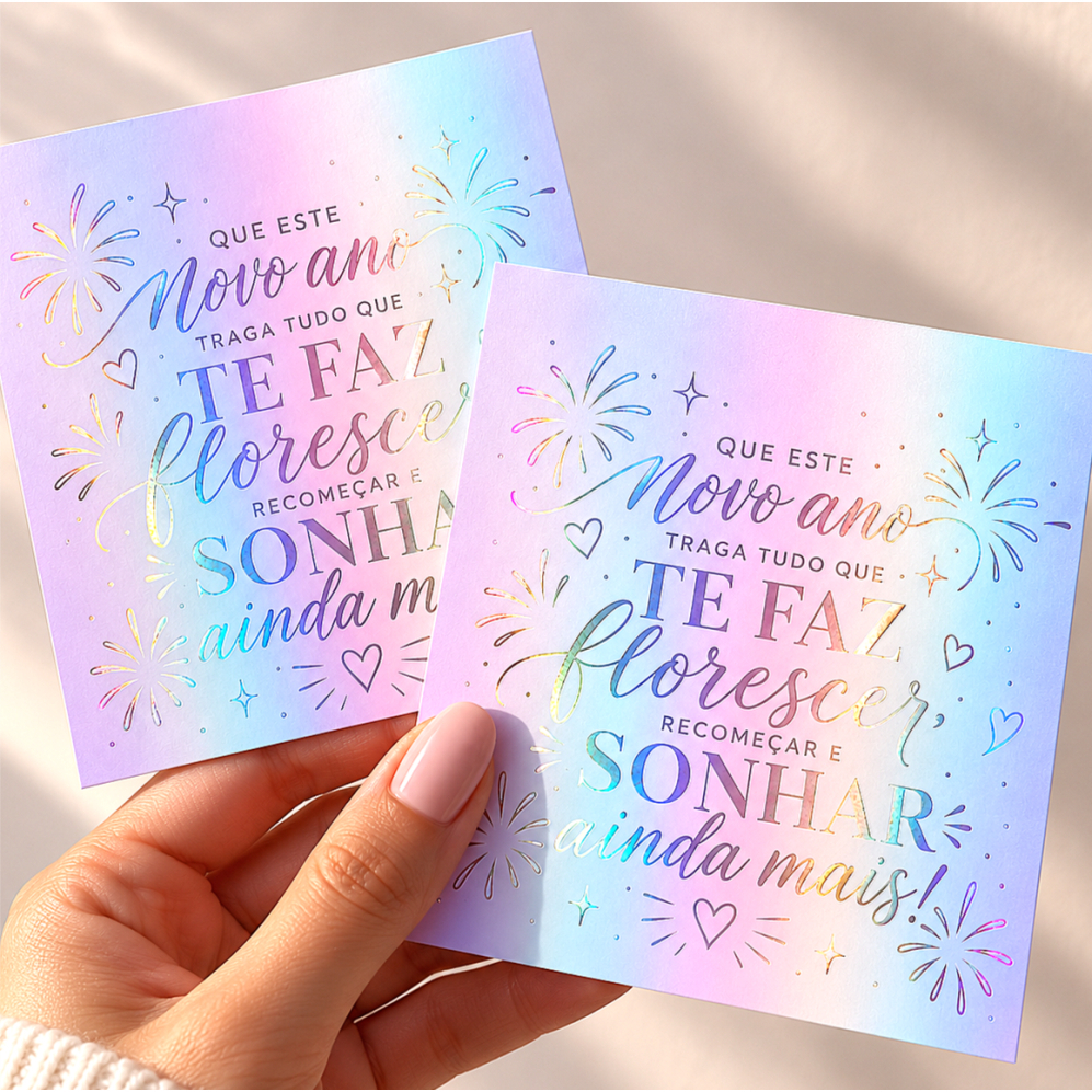 Cartão Postal Feliz Ano Novo com calendário 8,8x9,8cm Hot Stamping Holográfico, agradecimento ao cliente, mimo natal