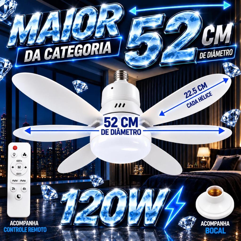 Ventilador Lâmpada de led 2 em 1 com 120w de potencia e 52 Centímetro bivolt com controle remoto