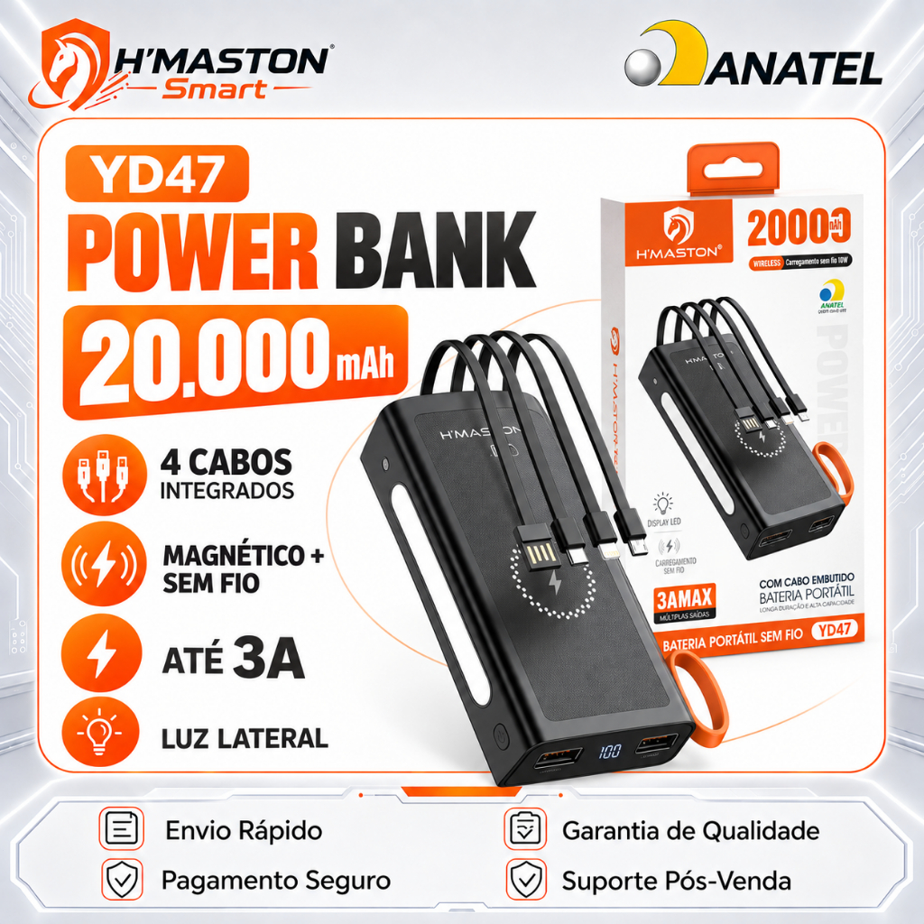HMaston YD47 Carregador Portátil 20000mAh Power Bank Magnético Carregador Portátil Tipo c Power Bank Turbo