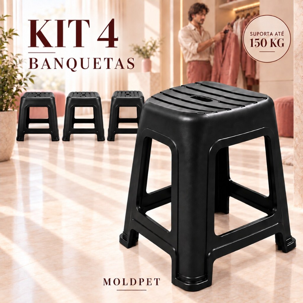 4 Banquetas Plástica MecPet Preta Lisa Reforçada Resistente Até 140kg Cozinha Balcão Imediato