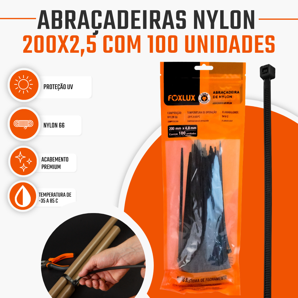 Abraçadeira Nylon 200 x 4,8mm Foxlux Preta 100 Unidades