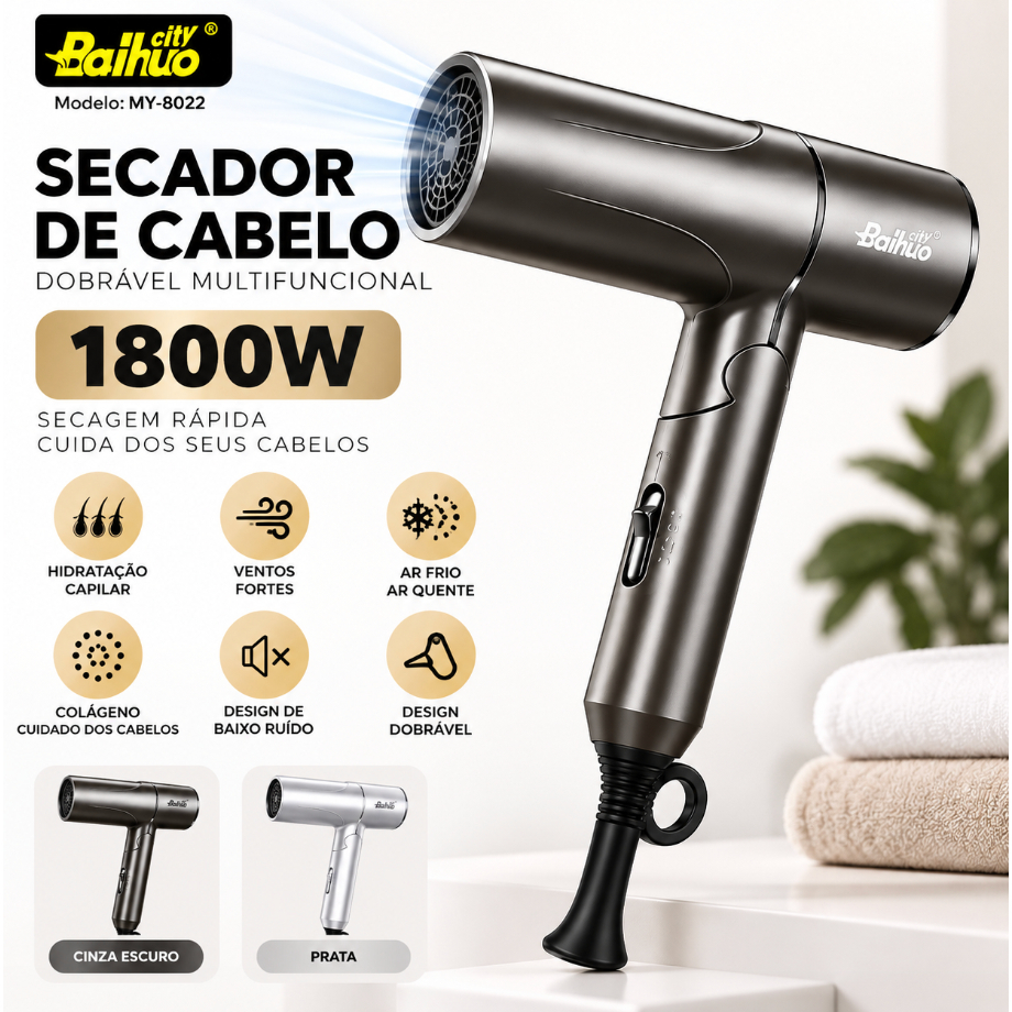 Secador de Cabelo Profissional Luxo Dobrável 1800W Ar Quente e Frio Potente Baixo Ruído