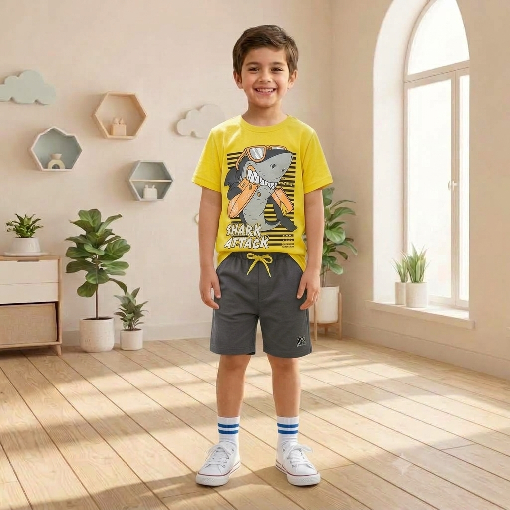 Conjunto Infantil Masculino Menino Camiseta e Bermuda Estampada Tubarão Confortável Verão 04 a 10 Anos