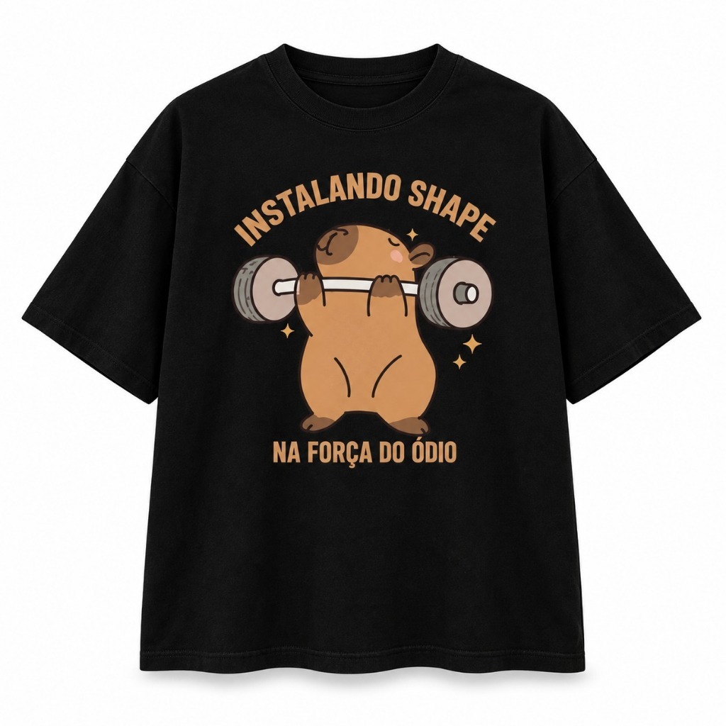 Camiseta Feminina Academia Oversized Fitness 100% Algodão Preta Estampada Treino Corrida Confortável